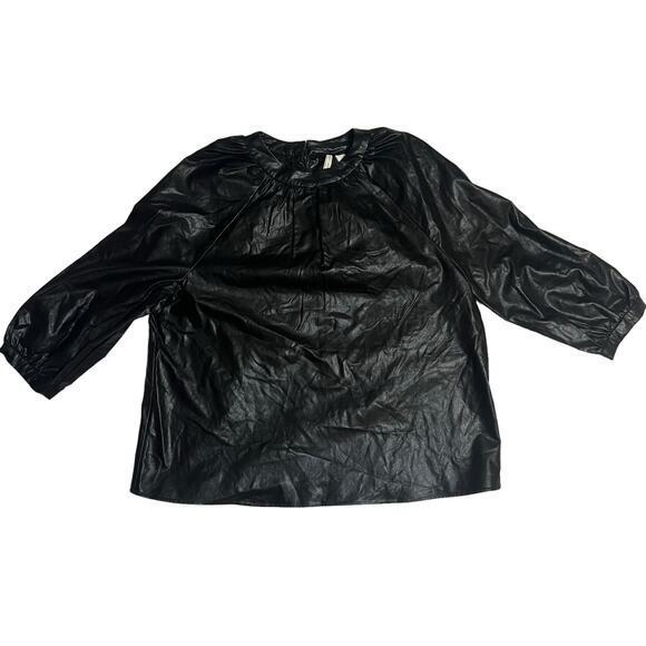 Faux Leather Black Blouse Top 3/4 Balloon Sleeve Keyhole Neck EST. 1945 Large - Picture 1 of 13